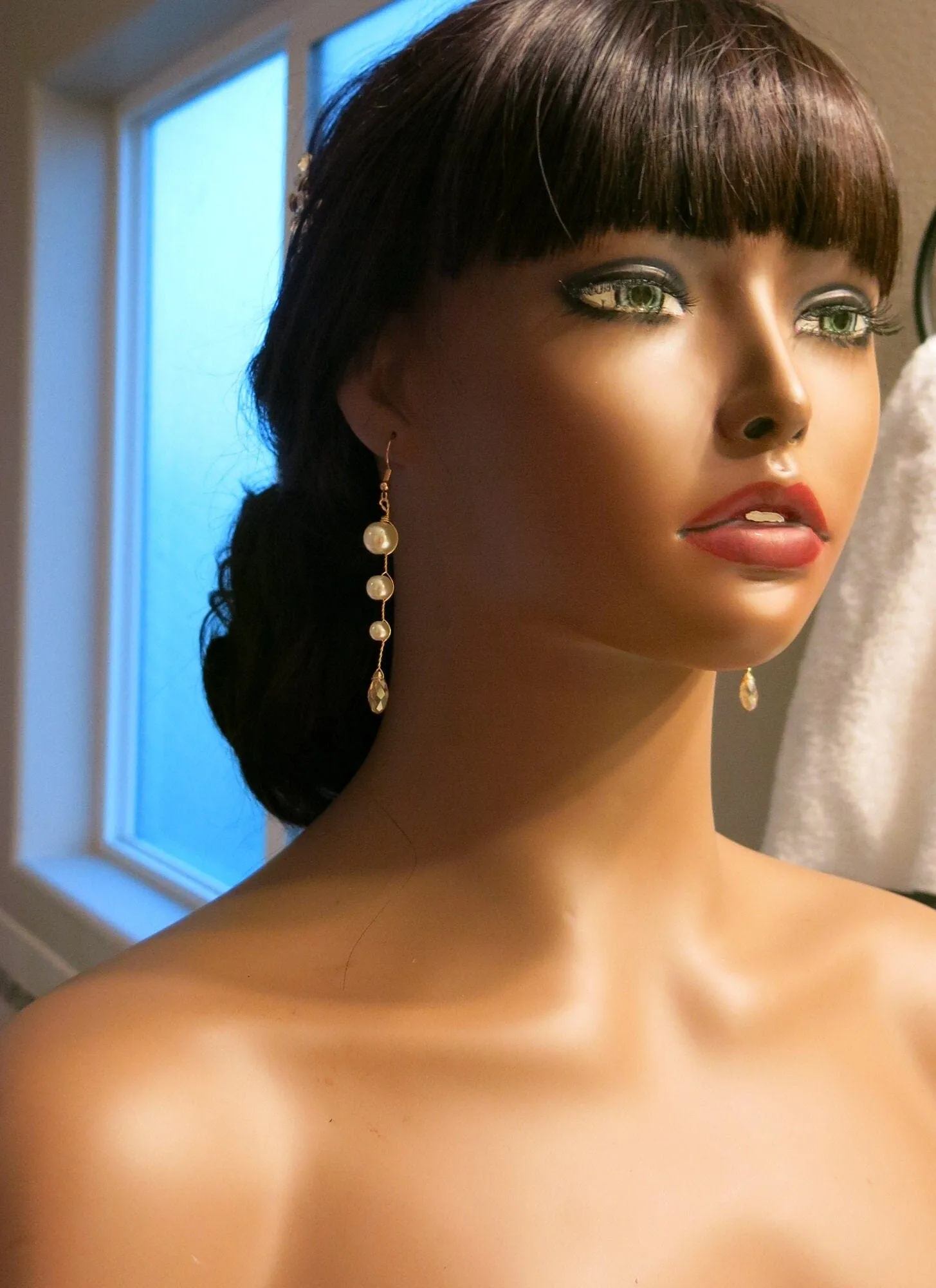 Pearl Dangle Gold Wire Earrings, Crystal White Pearl Bridal Earrings, Wedding Pearl Wire Earrings