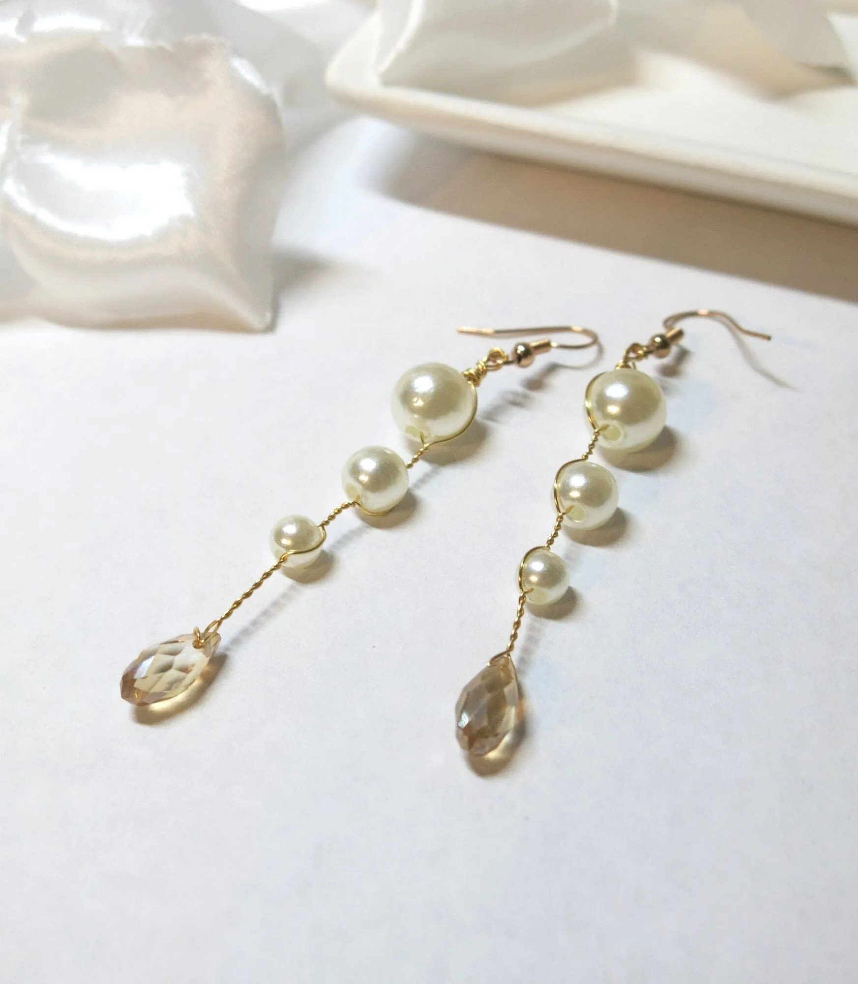 Pearl Dangle Gold Wire Earrings, Crystal White Pearl Bridal Earrings, Wedding Pearl Wire Earrings