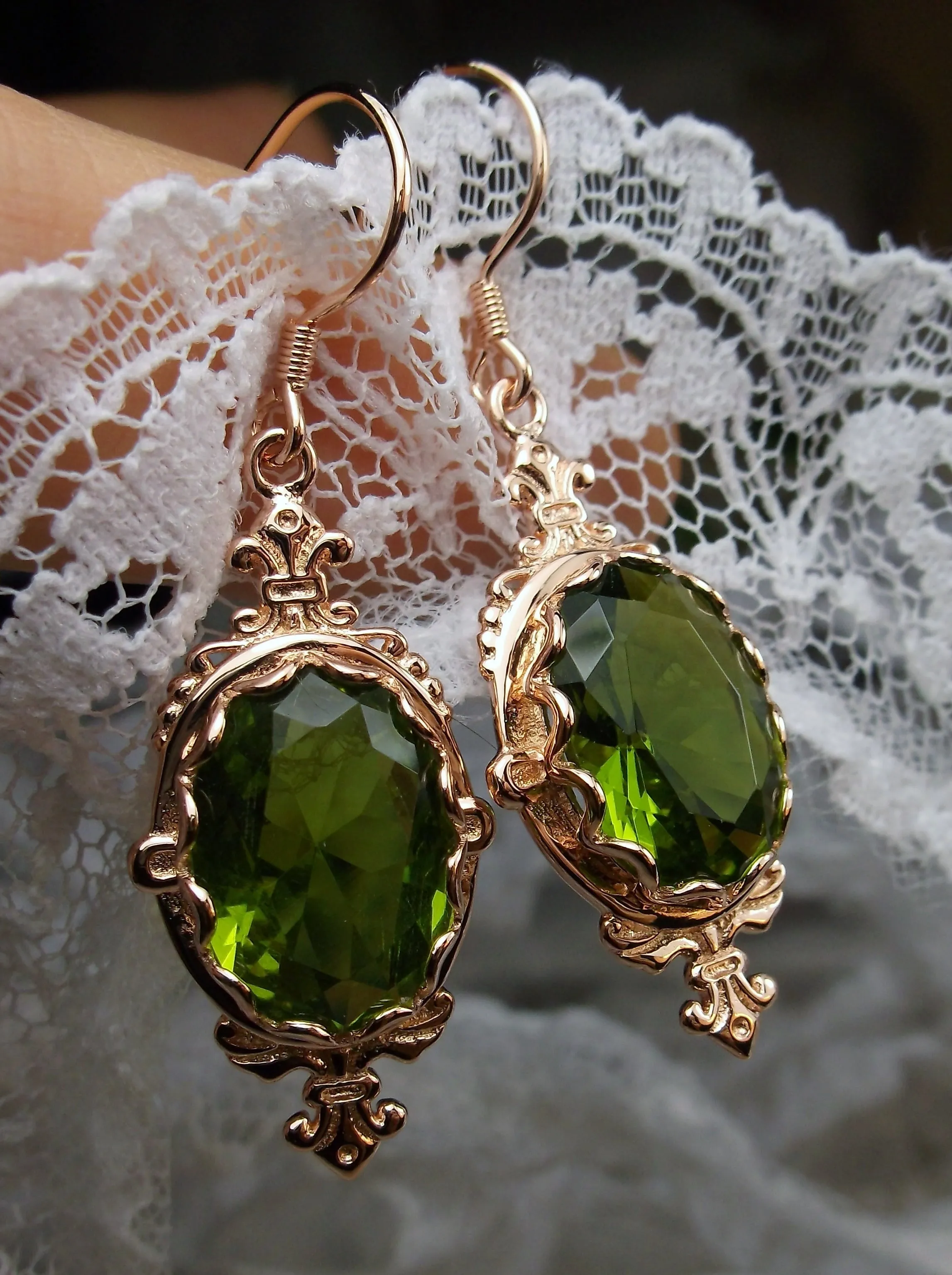 Peridot Earrings, Rose Gold-plate, Stylish Victorian Jewelry #E18
