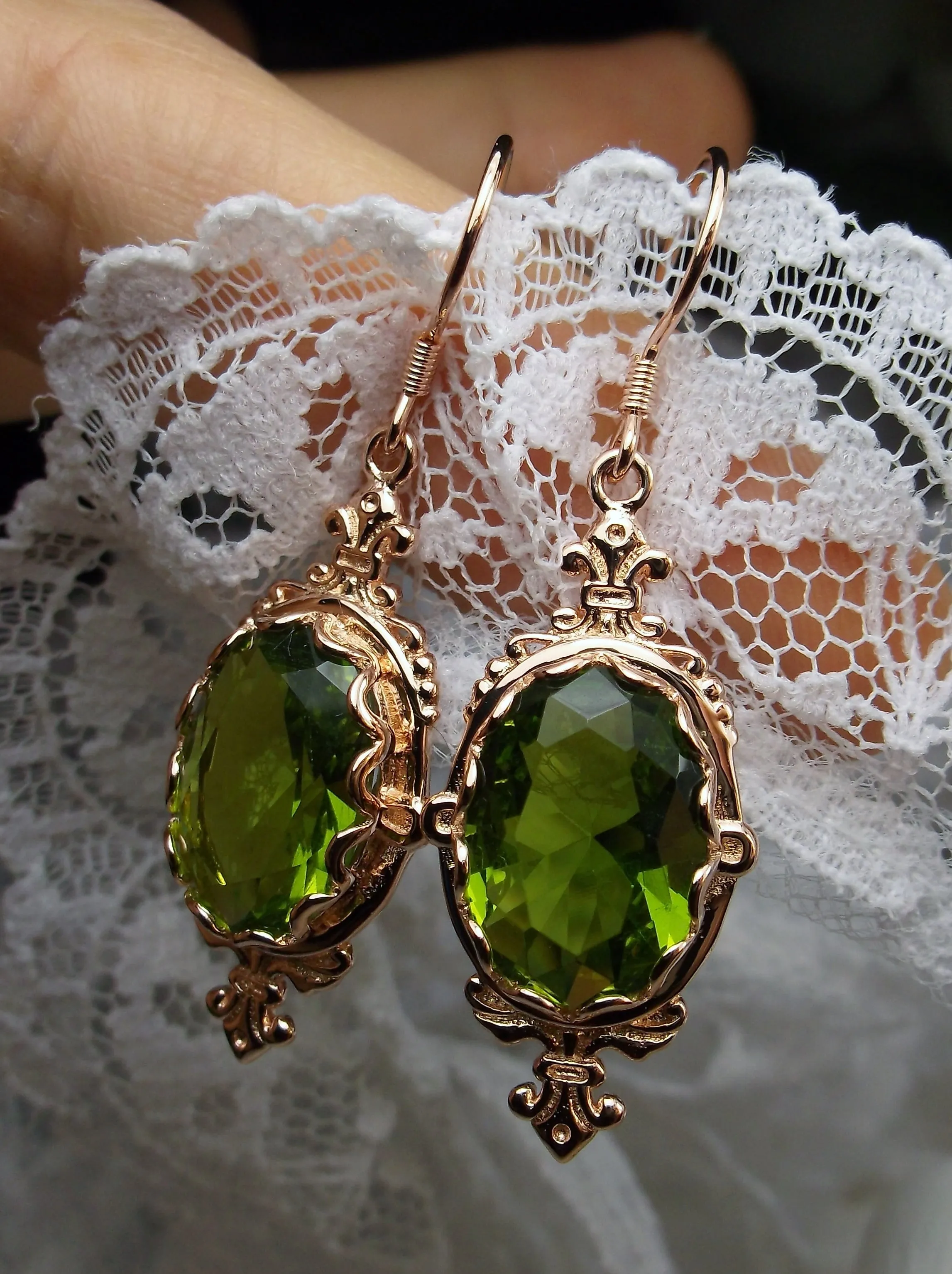 Peridot Earrings, Rose Gold-plate, Stylish Victorian Jewelry #E18