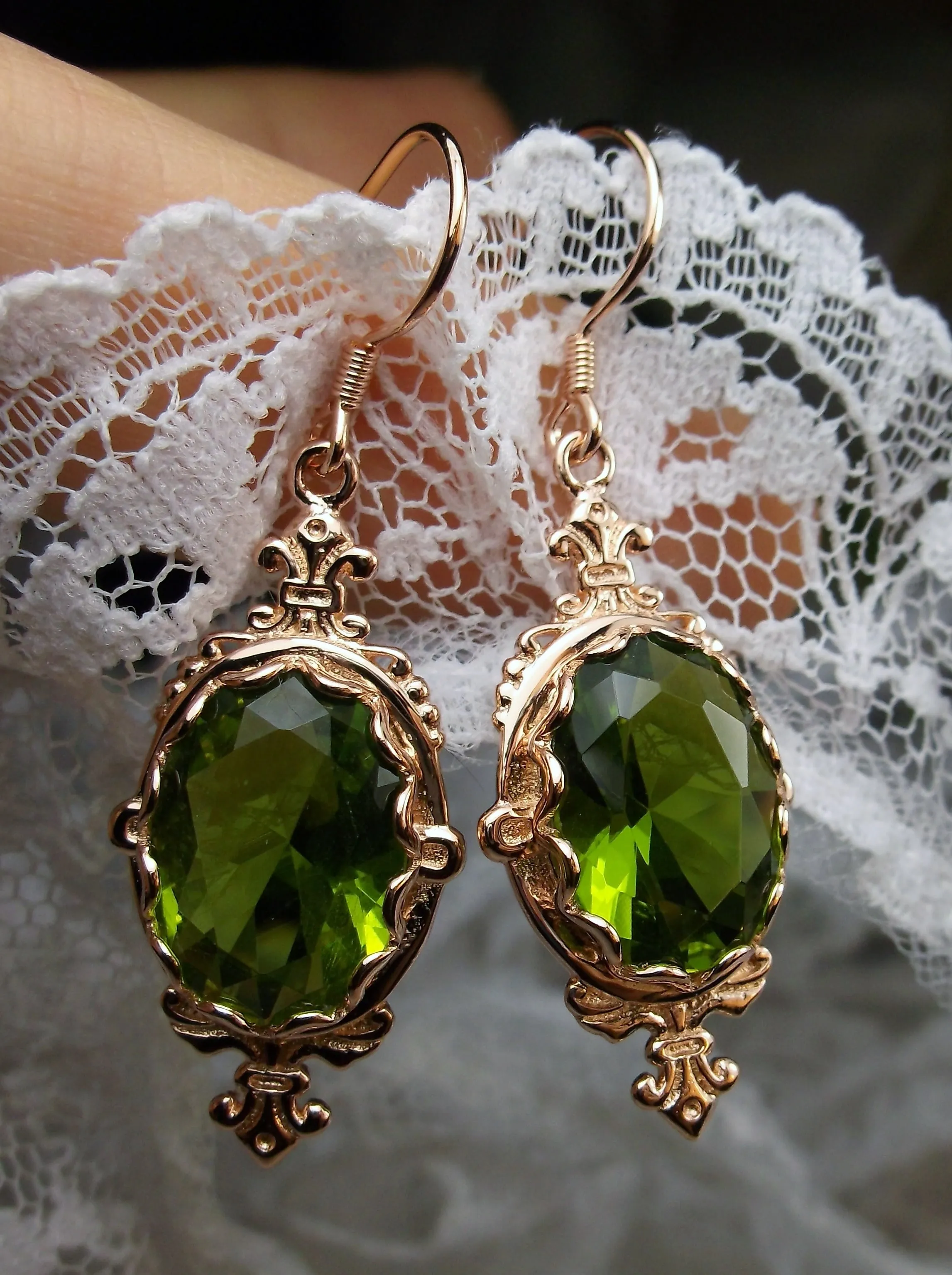 Peridot Earrings, Rose Gold-plate, Stylish Victorian Jewelry #E18