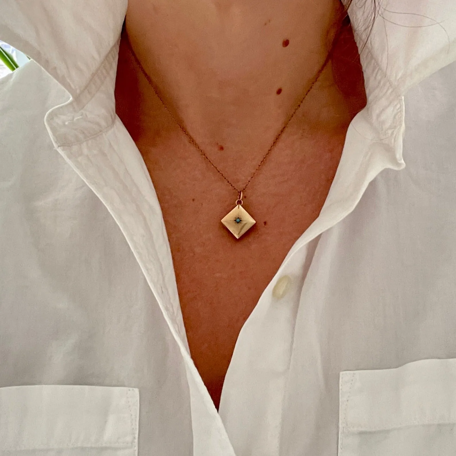 Petite 10K Gold & Turquoise Antique Square Locket