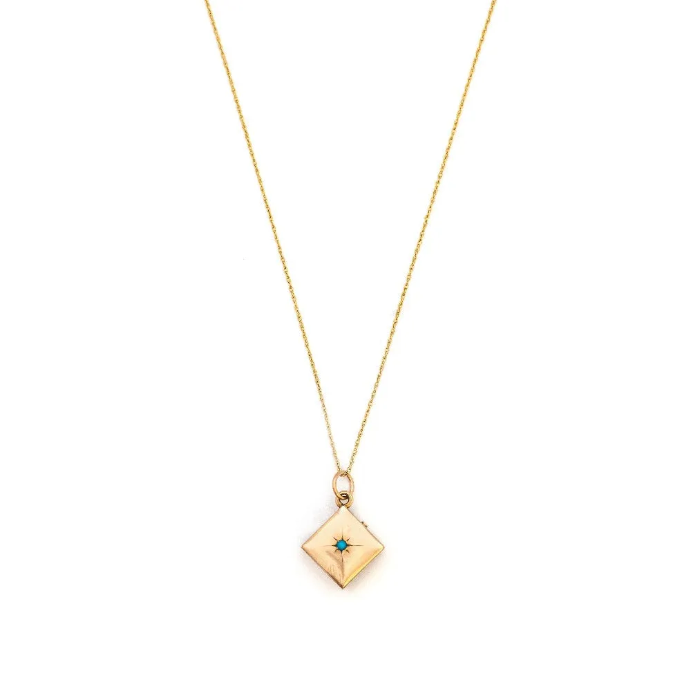 Petite 10K Gold & Turquoise Antique Square Locket