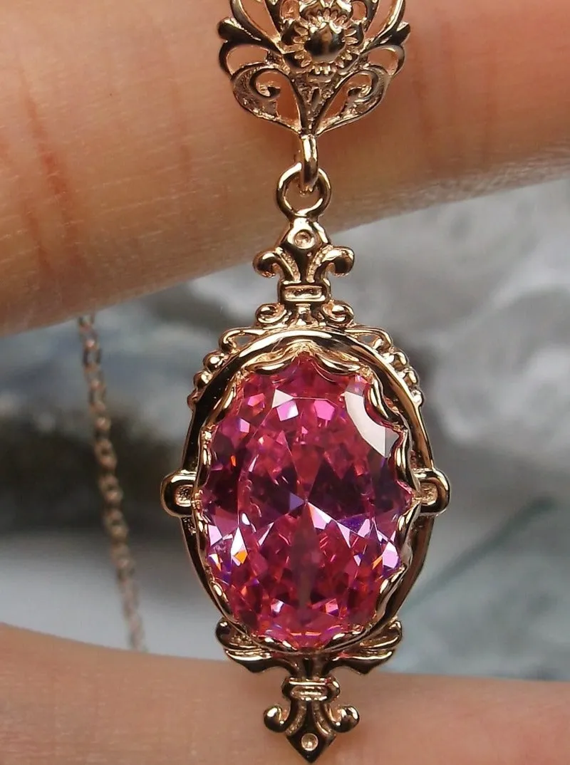 Pink Cubic Zirconia (CZ) Pin Pendant, Rose Gold Plated Sterling Silver, Stylish Victorian Jewelry Design#P18