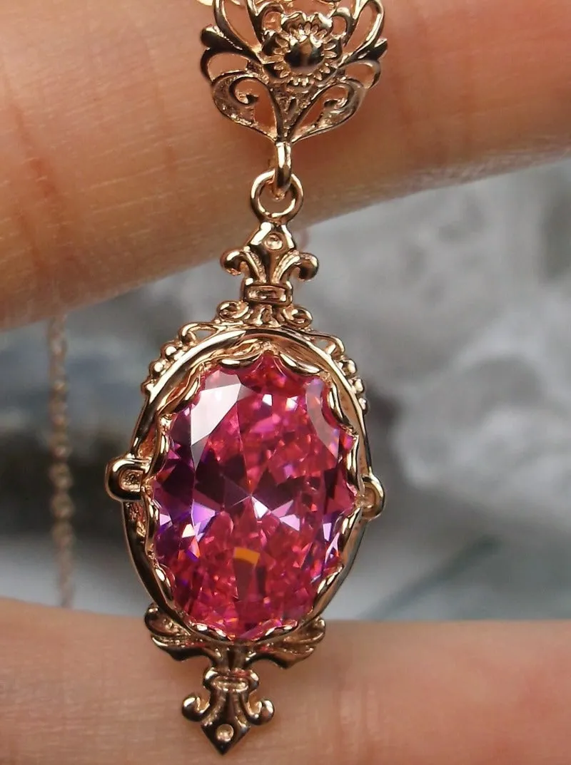 Pink Cubic Zirconia (CZ) Pin Pendant, Rose Gold Plated Sterling Silver, Stylish Victorian Jewelry Design#P18