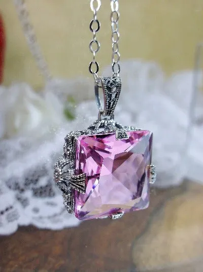 Pink Topaz Pendant, Sterling Silver Filigree Necklace, Victorian Jewelry #P77