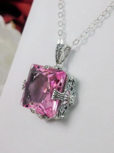 Pink Topaz Pendant, Sterling Silver Filigree Necklace, Victorian Jewelry #P77