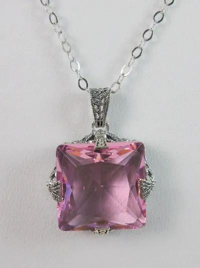 Pink Topaz Pendant, Sterling Silver Filigree Necklace, Victorian Jewelry #P77