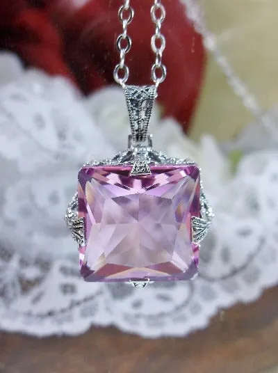 Pink Topaz Pendant, Sterling Silver Filigree Necklace, Victorian Jewelry #P77