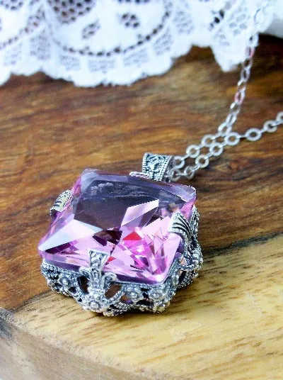 Pink Topaz Pendant, Sterling Silver Filigree Necklace, Victorian Jewelry #P77