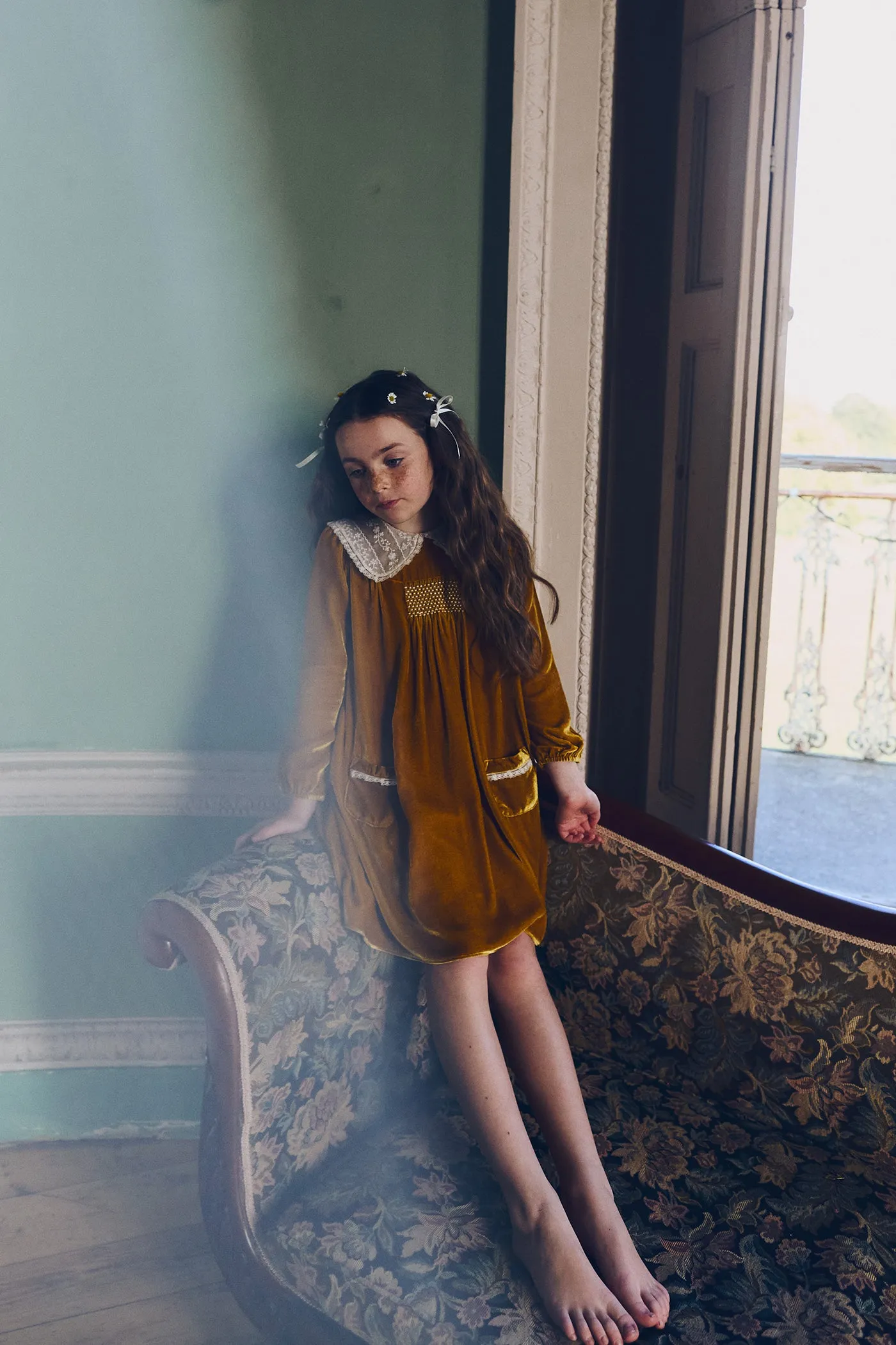 Popcorn Dress in Ochre Velvet