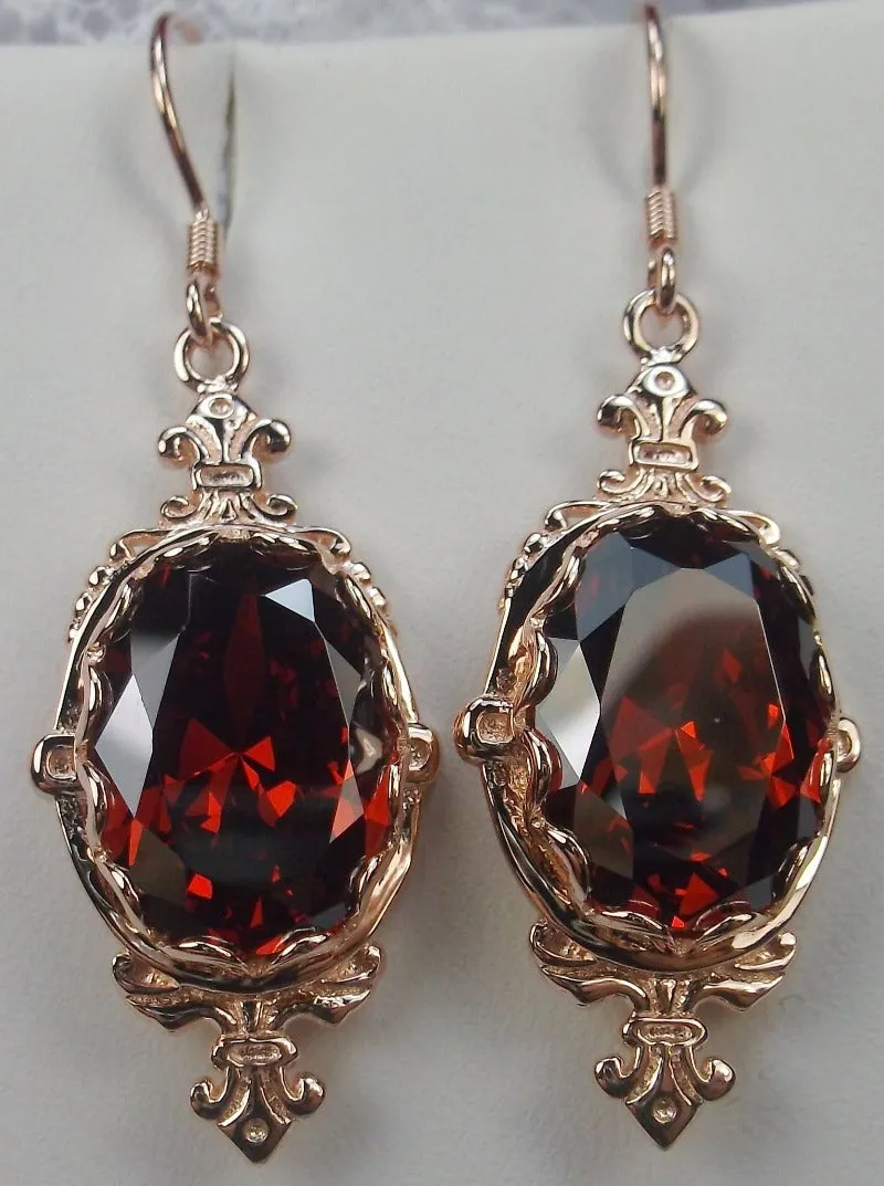 Red Garnet Cubic Zirconia (CZ) Pin Earrings, Rose Gold plated Sterling Silver, Stylish Victorian Jewelry Design#E18