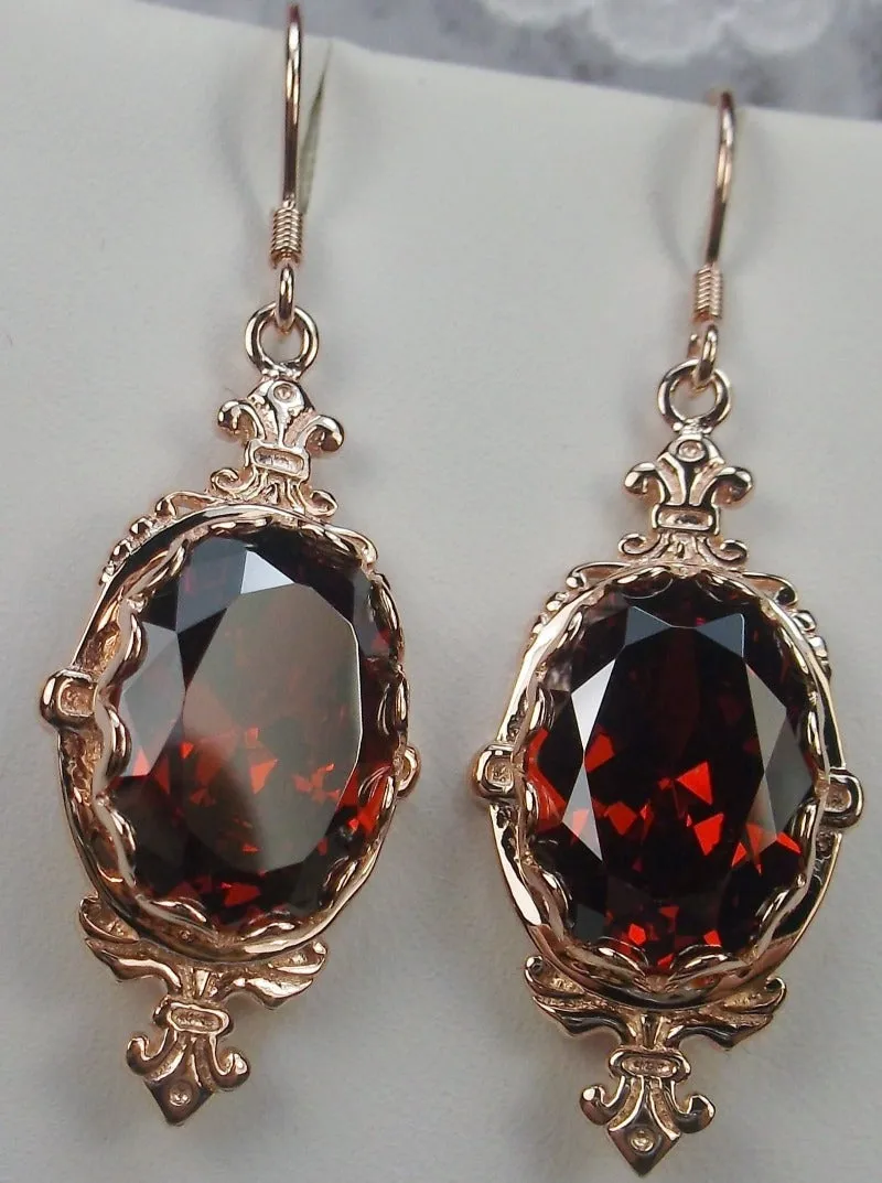 Red Garnet Cubic Zirconia (CZ) Pin Earrings, Rose Gold plated Sterling Silver, Stylish Victorian Jewelry Design#E18
