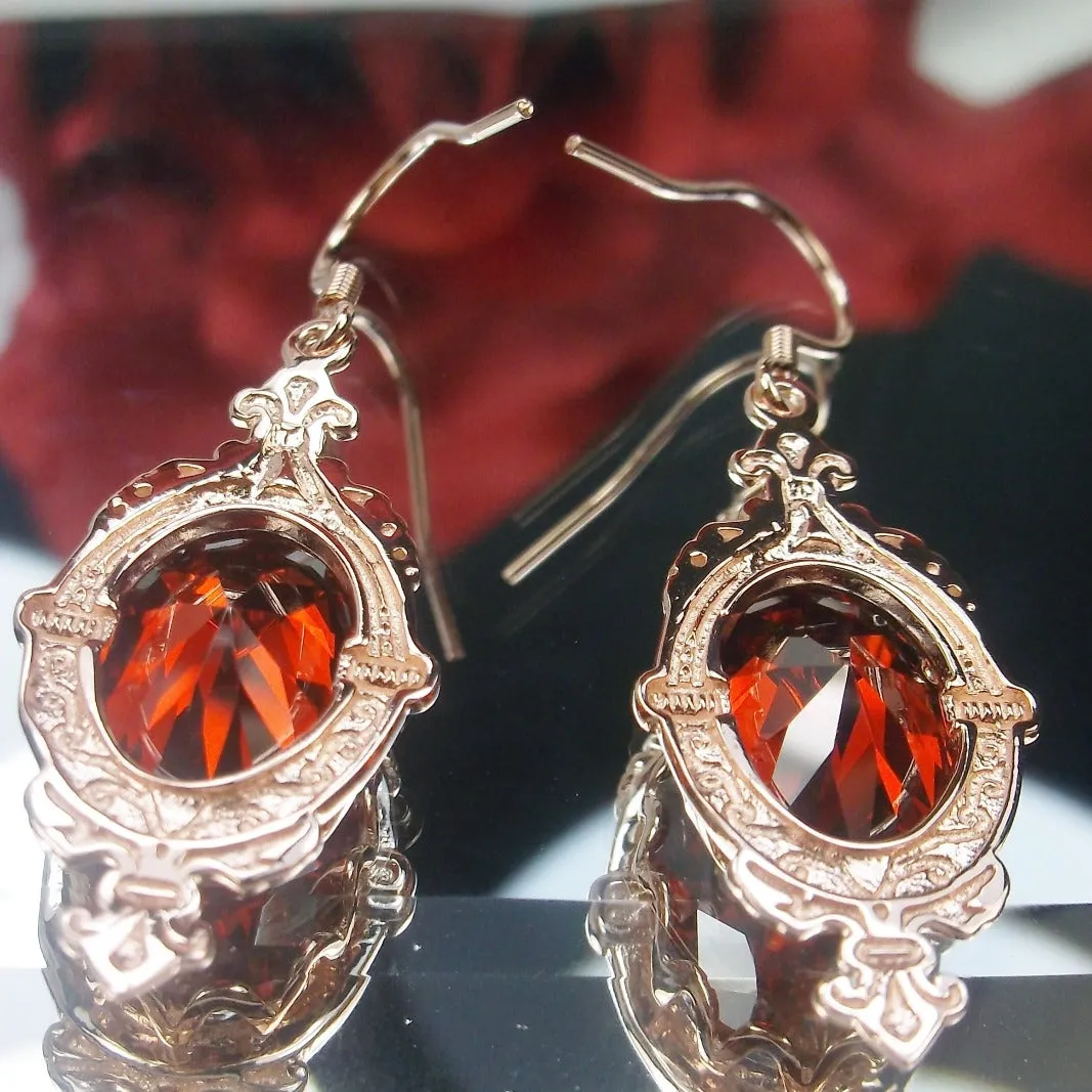 Red Garnet Cubic Zirconia (CZ) Pin Earrings, Rose Gold plated Sterling Silver, Stylish Victorian Jewelry Design#E18