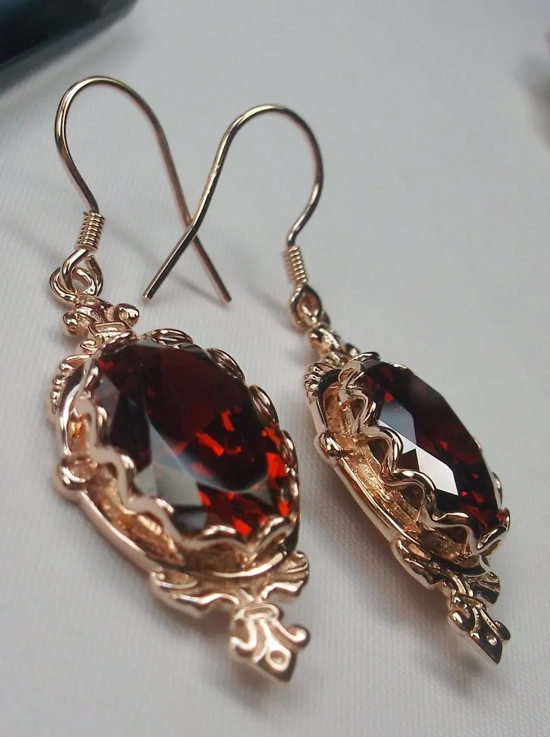 Red Garnet Cubic Zirconia (CZ) Pin Earrings, Rose Gold plated Sterling Silver, Stylish Victorian Jewelry Design#E18