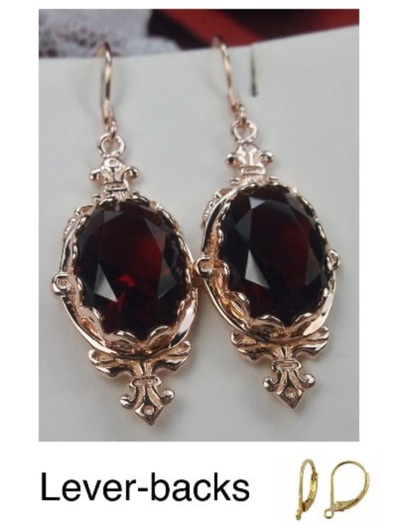 Red Garnet Cubic Zirconia (CZ) Pin Earrings, Rose Gold plated Sterling Silver, Stylish Victorian Jewelry Design#E18
