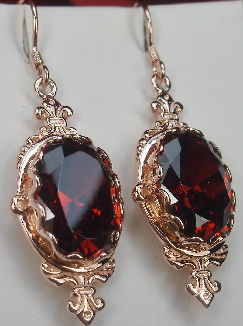 Red Garnet Cubic Zirconia (CZ) Pin Earrings, Rose Gold plated Sterling Silver, Stylish Victorian Jewelry Design#E18