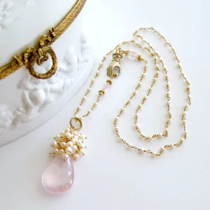 Rose Quartz & Button Pearls Victorian Hand Clasp Necklace - Pétales de Rose III Necklace