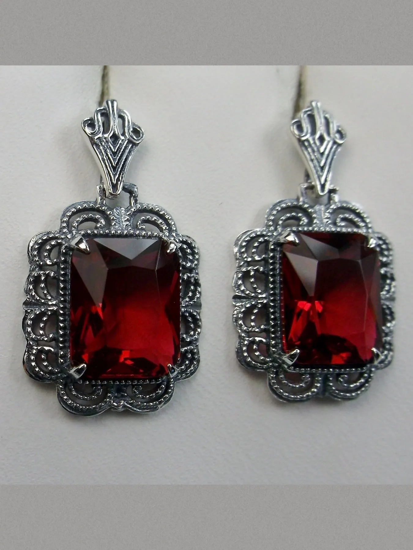 Ruby Red Earrings, Short Festoon Filigree, Victorian Jewelry #E8z