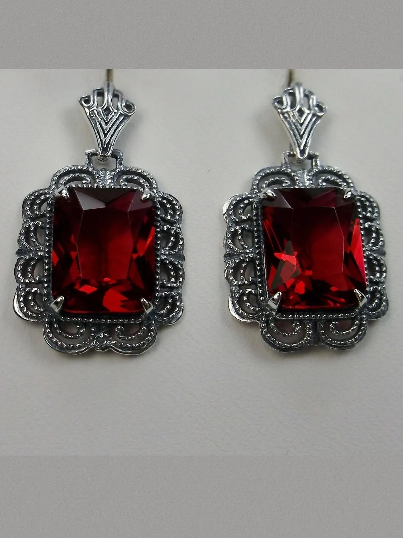 Ruby Red Earrings, Short Festoon Filigree, Victorian Jewelry #E8z