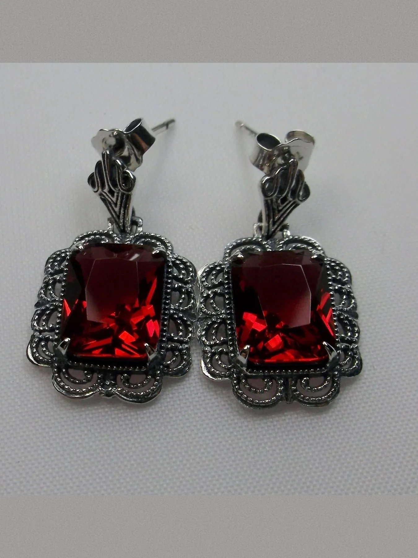 Ruby Red Earrings, Short Festoon Filigree, Victorian Jewelry #E8z