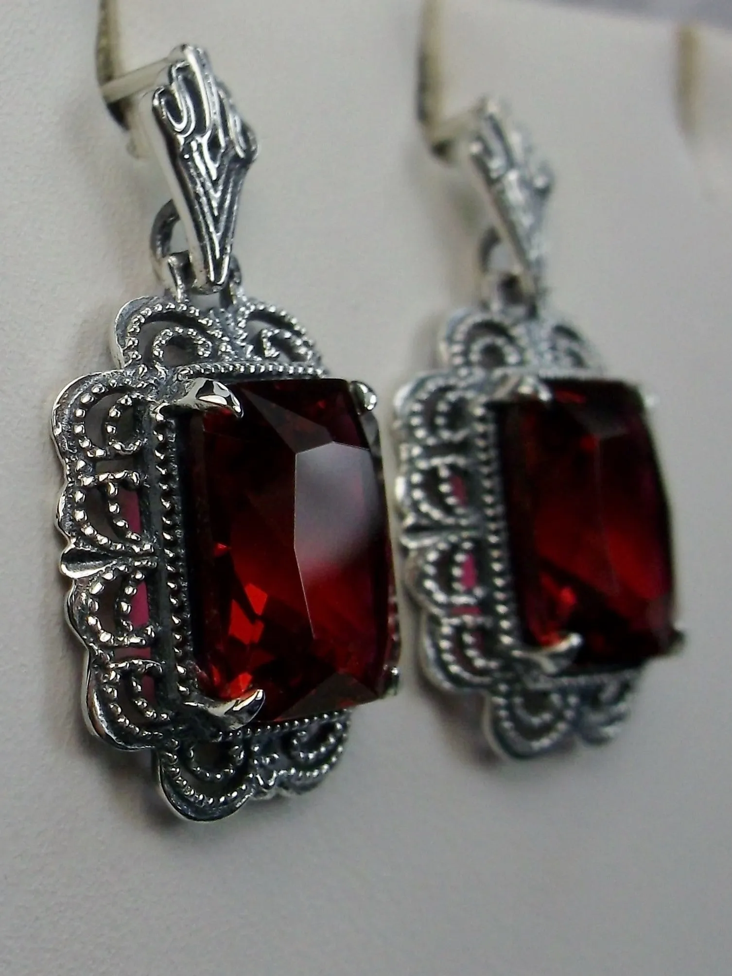 Ruby Red Earrings, Short Festoon Filigree, Victorian Jewelry #E8z