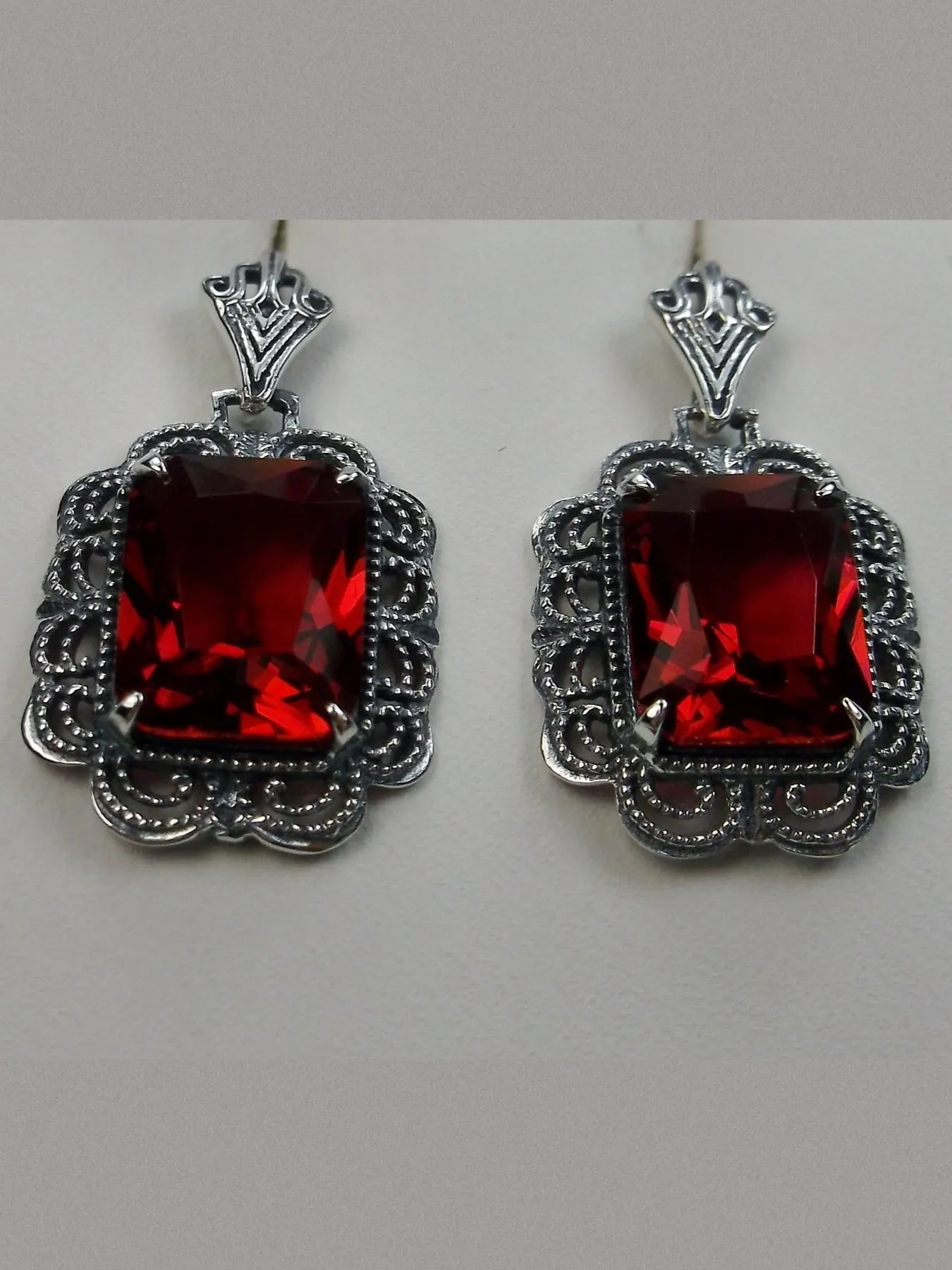 Ruby Red Earrings, Short Festoon Filigree, Victorian Jewelry #E8z