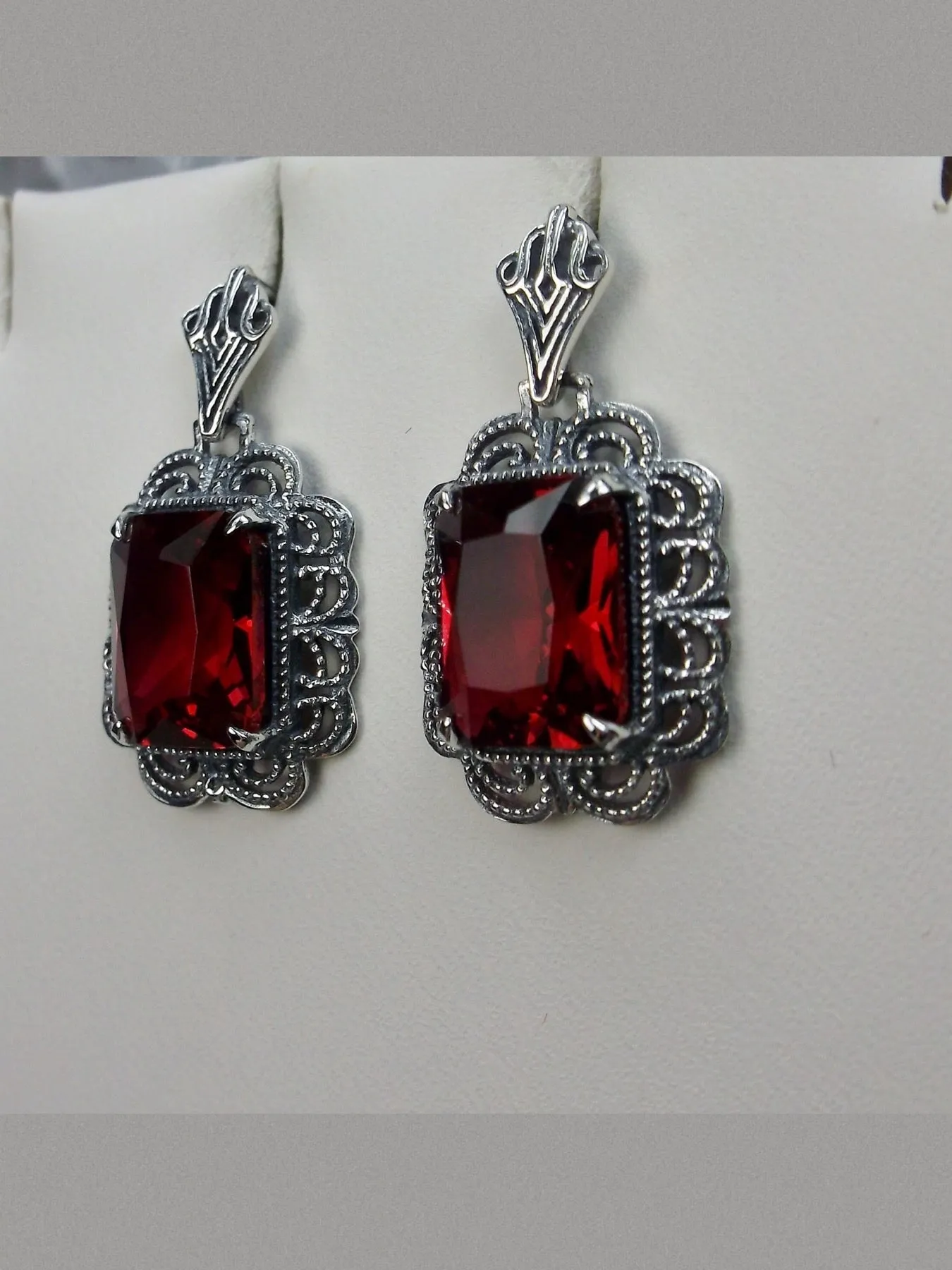 Ruby Red Earrings, Short Festoon Filigree, Victorian Jewelry #E8z