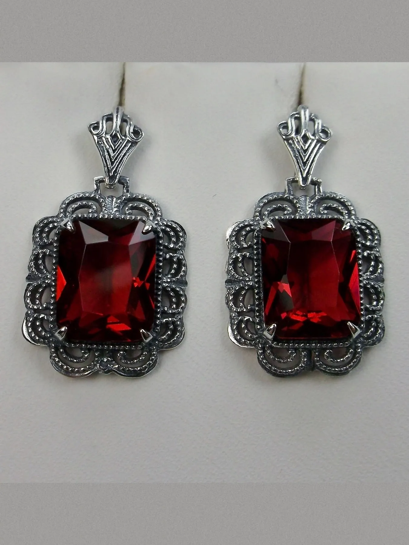 Ruby Red Earrings, Short Festoon Filigree, Victorian Jewelry #E8z
