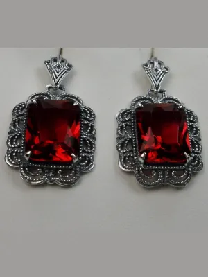 Ruby Red Earrings, Short Festoon Filigree, Victorian Jewelry #E8z