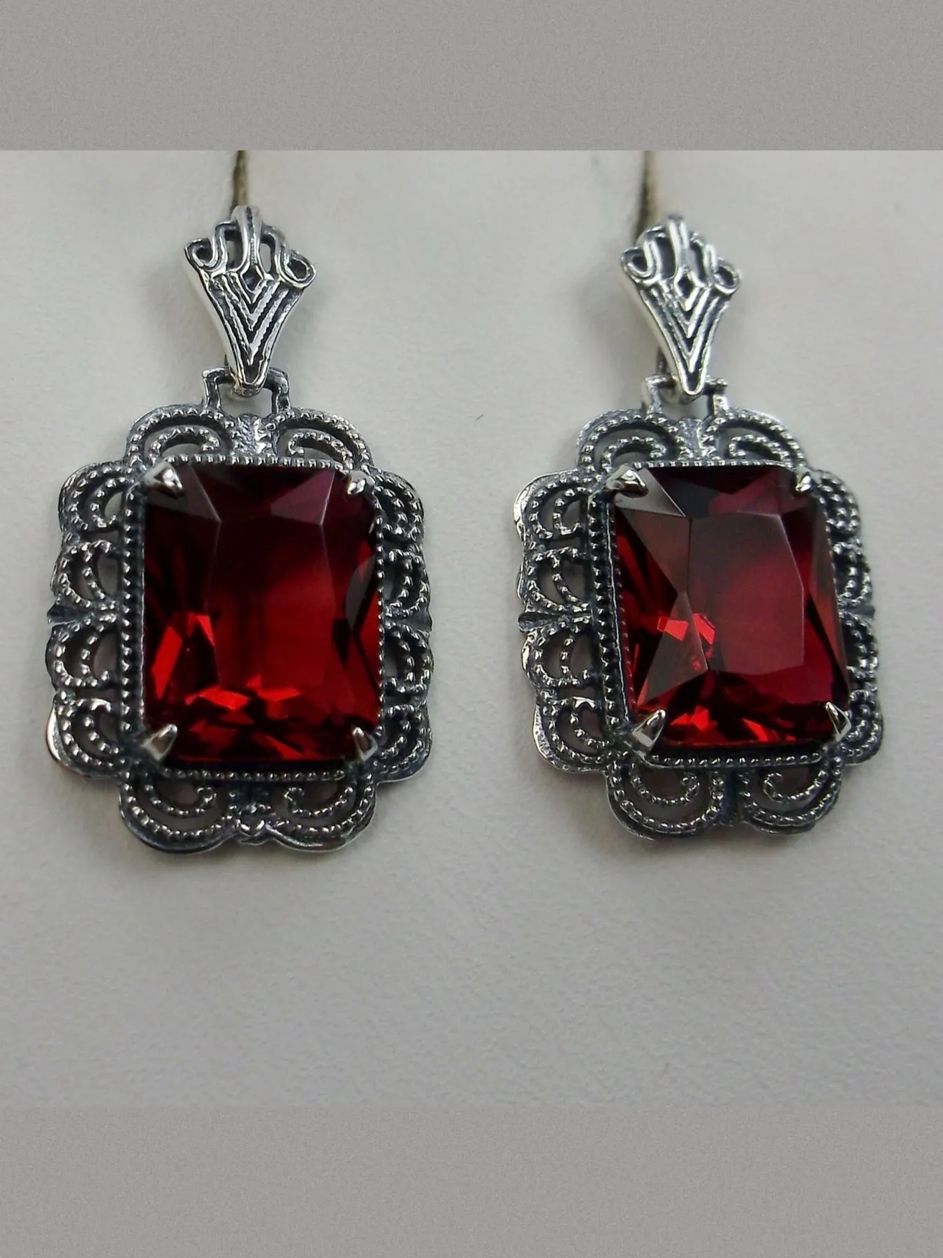 Ruby Red Earrings, Short Festoon Filigree, Victorian Jewelry #E8z