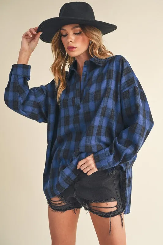 Side Slit High-Low Plaid Long Sleeve Polo Shirt