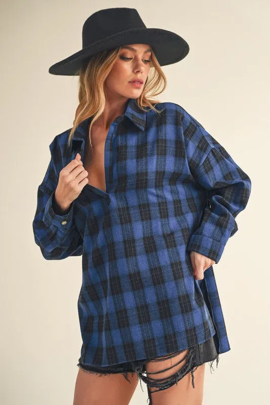 Side Slit High-Low Plaid Long Sleeve Polo Shirt