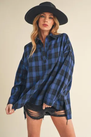 Side Slit High-Low Plaid Long Sleeve Polo Shirt