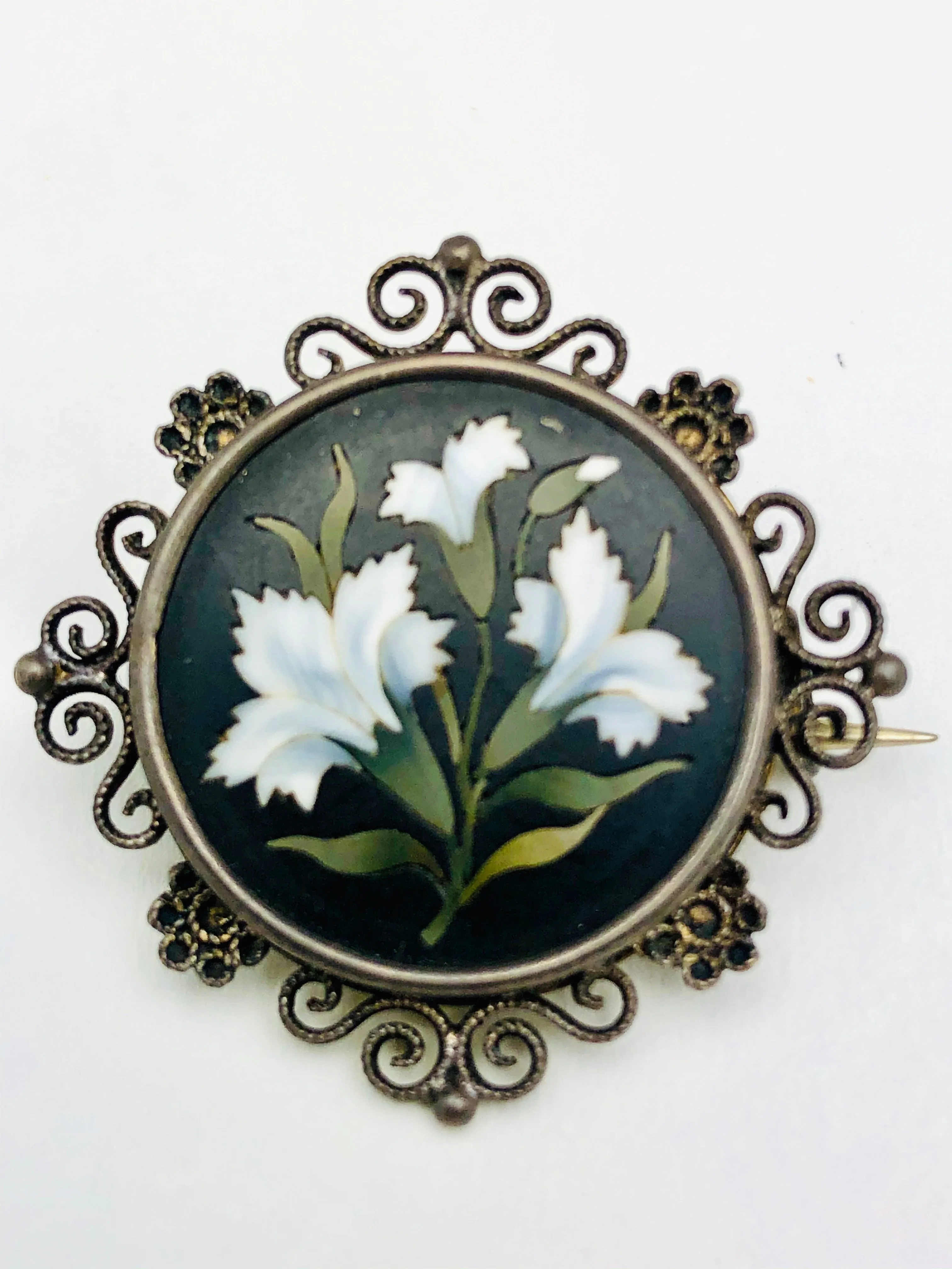 Sterling Pietra Dura Flowers Brooch