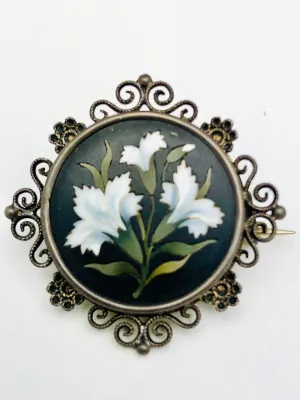 Sterling Pietra Dura Flowers Brooch