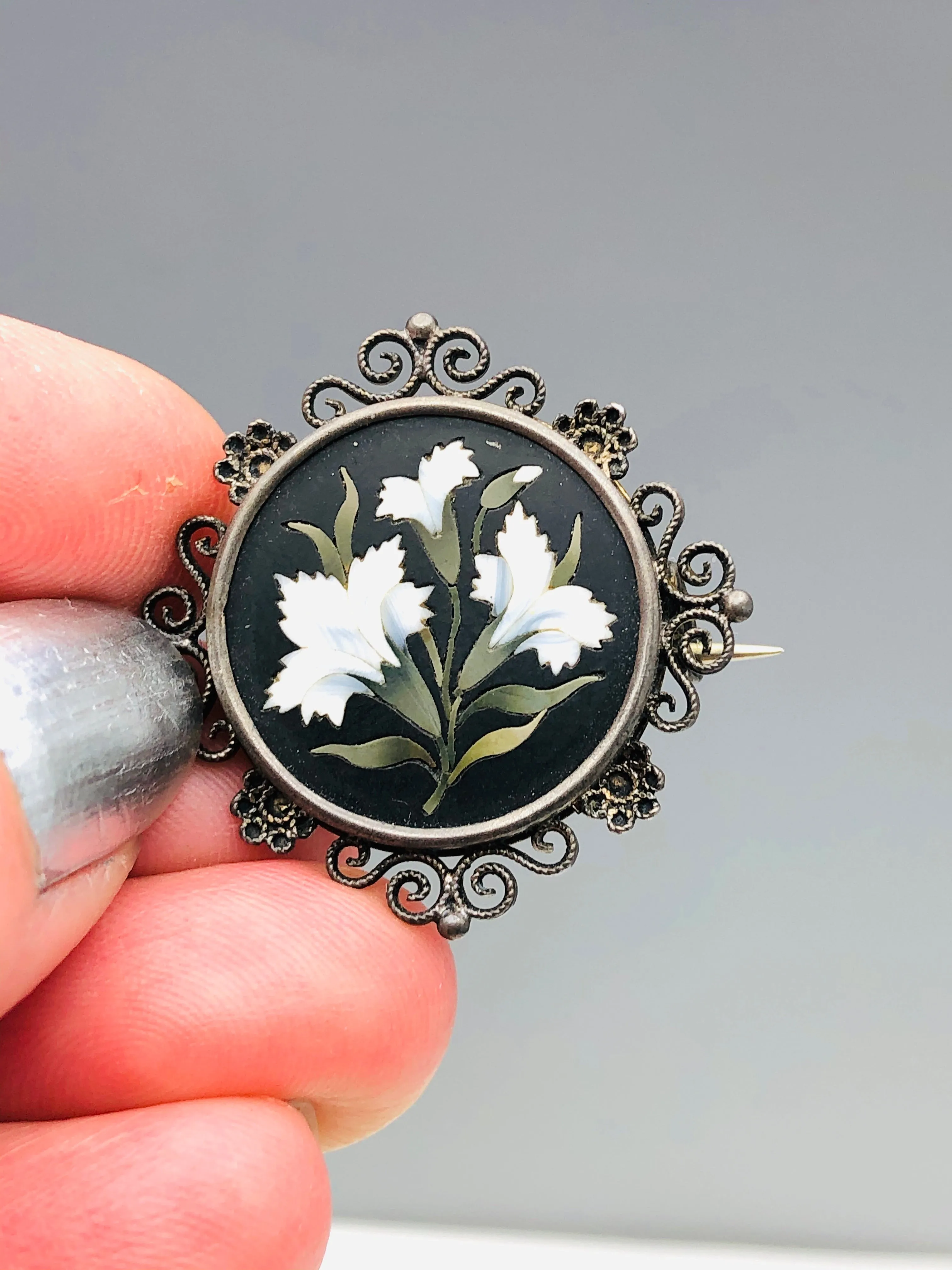Sterling Pietra Dura Flowers Brooch