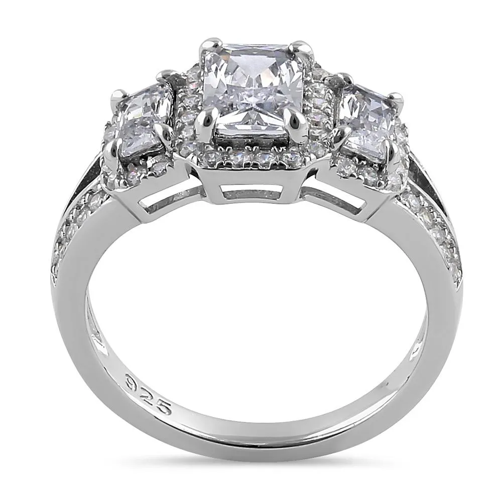 Sterling Silver 3 Stone Halo CZ Engagement Ring