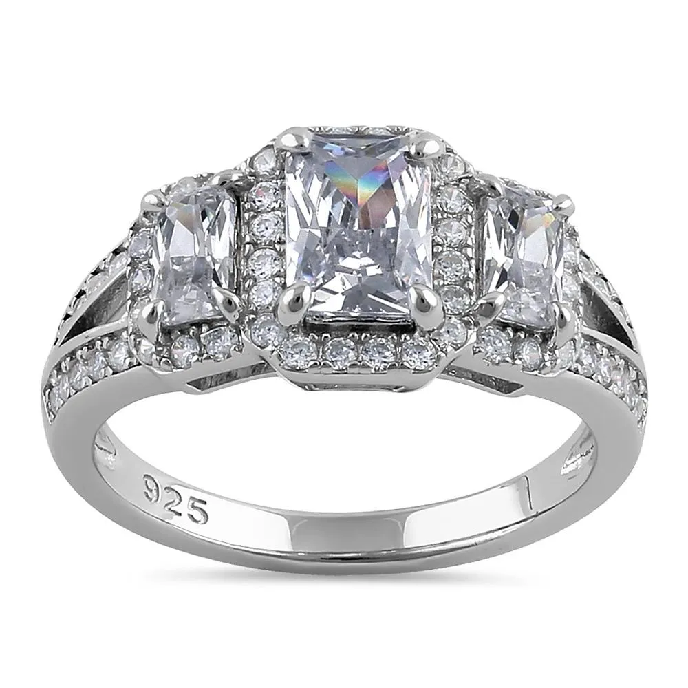 Sterling Silver 3 Stone Halo CZ Engagement Ring