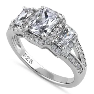 Sterling Silver 3 Stone Halo CZ Engagement Ring