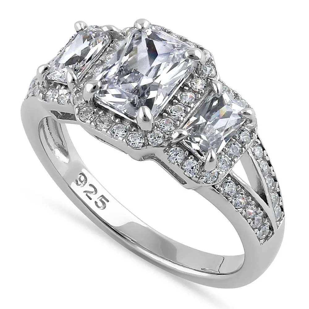 Sterling Silver 3 Stone Halo CZ Engagement Ring