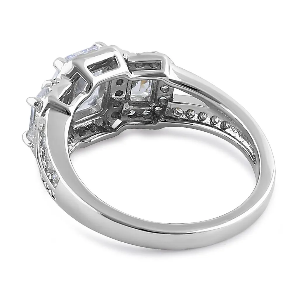 Sterling Silver 3 Stone Halo CZ Engagement Ring