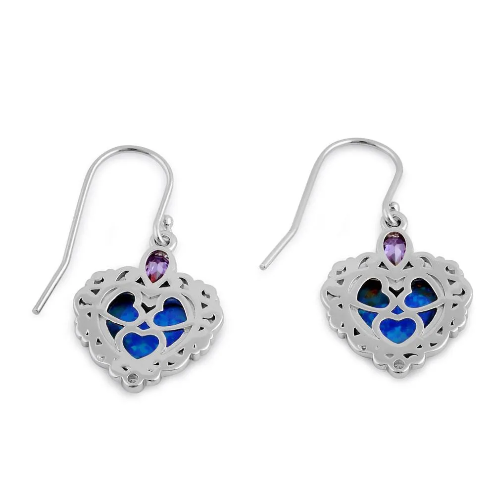 Sterling Silver Blue Lab Opal Victorian Heart with Amethyst Pear CZ Earrings