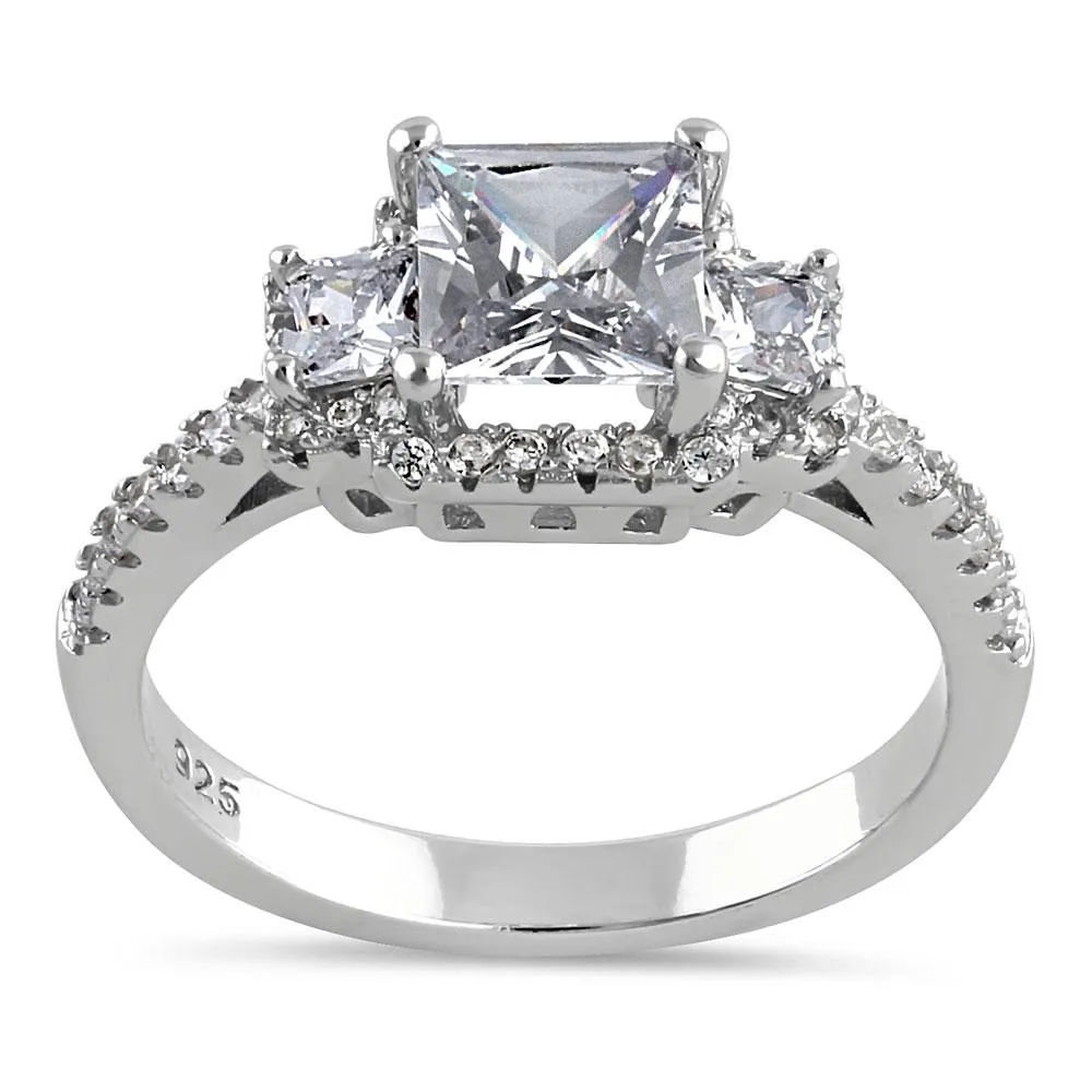 Sterling Silver Cathedral Triple Princess Cut Halo Clear CZ Engagement Ring