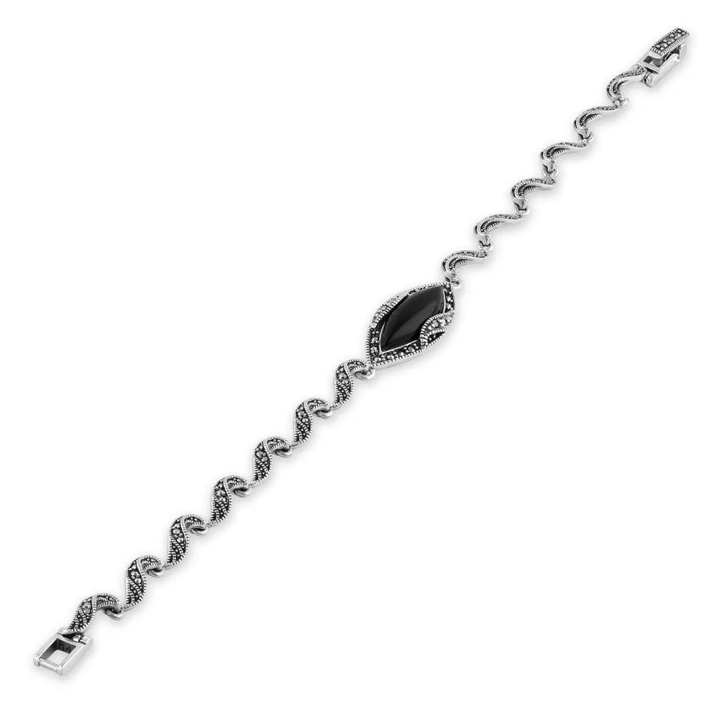 Sterling Silver Marquise Twist Black Onyx Marcasite Bracelet