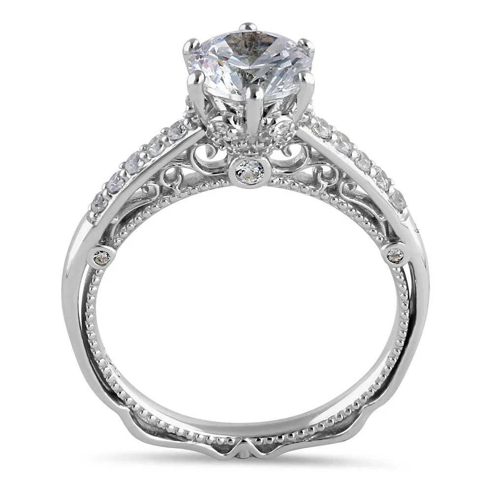 Sterling Silver Victorian Cathedral 7.0mm Round Cut Clear CZ Filigree Engagement Ring
