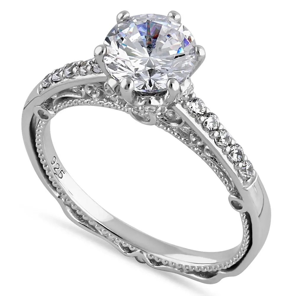 Sterling Silver Victorian Cathedral 7.0mm Round Cut Clear CZ Filigree Engagement Ring