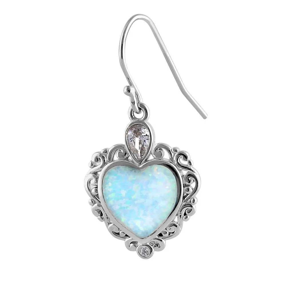 Sterling Silver White Lab Opal Victorian Heart with Clear Pear CZ Earrings