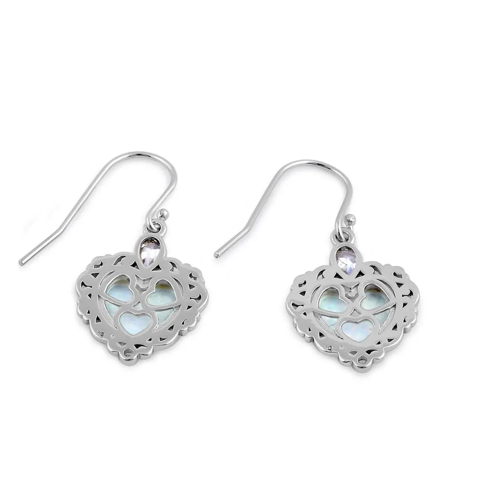 Sterling Silver White Lab Opal Victorian Heart with Clear Pear CZ Earrings