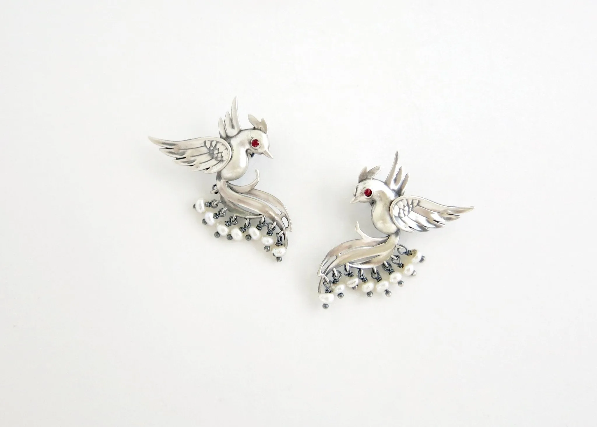 Stunning, pearl fringed, Victorian bird earrings